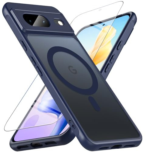 Für Google Pixel 8 Hülle Magnetisch kompatibel mit Magsafe,Militärschutz [mit Panzerglas] Matt Transluzente Handyhülle Stoßfest Kratzfeste Robust Schutzhülle Case Cover für Pixel 8 5G(Dunkel Blau)