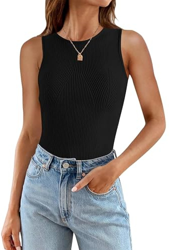Oyamiki Women's Vests Summer Sleeveless Tops Round Neck Ribbed Knit Shirt Slim Fitted Basic Tops