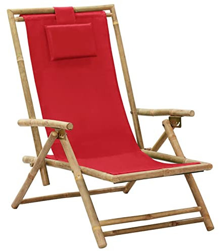 LAPOOH Verstellbarer Relaxstuhl Rot Bambus und Stoff, Gartensessel, Campingstuhl, Terassenstühle, Gartenmöbel, Balkon Stühle, Balkonstuhl, Hochlehner, Stühle Für Draußen - 313026