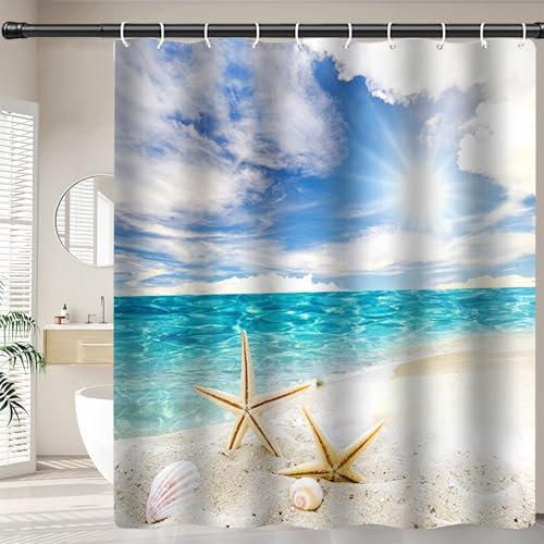 FAIRYGATE Duschvorhang Meer Duschvorhang Textil Strand 180x180 cm Schale Sand Blau Meereswelle Bad Waschbar Duschvorhänge Polyester Wasserdicht Badevorhang für Badewanne mit 12 Haken B8808
