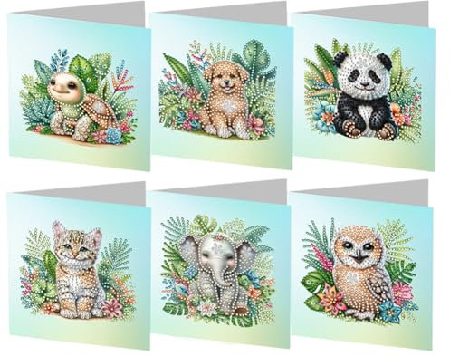 Starnearby DIY Diamond Painting Karten, 6 Stück 5D Diamond Painting Grußkarten, Geburtstagskarten Set Weihnachtskarten, Diamant Painting Blumen Postkarten für Hochzeit Party (Tiere)