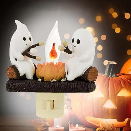 RUDFUZ Geister-Lagerfeuer flackerndes Nachtlicht, Geister Lagerfeuer Flackernde Flamme Halloween Nachtlicht, 3D Gruseliges Feuer Marshmallow Nachtlicht Lustige Halloween Indoor Dekorationen Geschenke