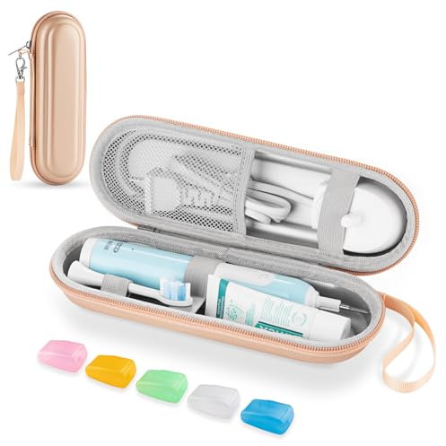 TYSORETY Zahnbürsten-Reiseetui für Oral-B/Oral-B Pro/Phlips Sonicare elektrische Zahnbürste, tragbares Hartschalen Reisetasche (Gold mit Bürstenkopf Schutzhülle)