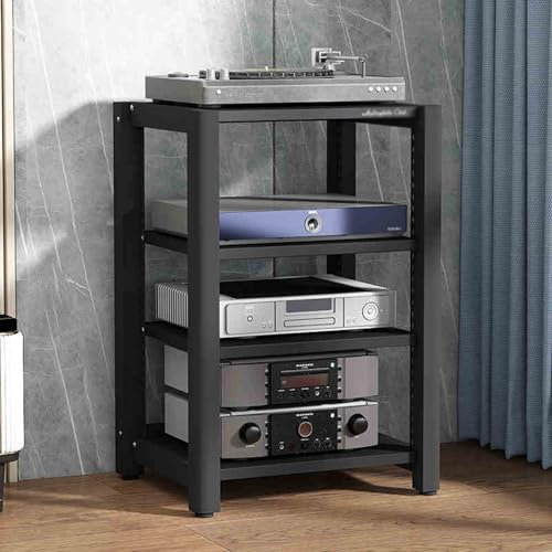 STCERY Mobile HIFI, Supporto HIFI con 4 Ripiani, armadio for componenti stereo, torre for rack audio, In Legno E Acciaio, per soggiorno, sala teatro, ripiano rack amplificatore(Black)