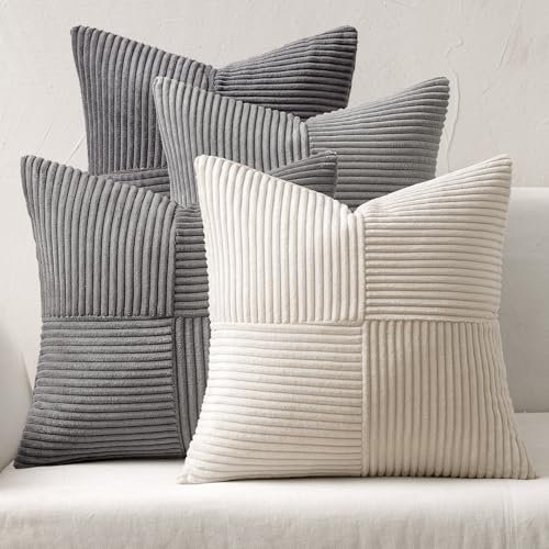 MIULEE 4er Set Kordsamt Kissenbezug Patchwork Kissenhülle Weich Dekokissen Modern Unsichtbarer Reißverschluss Sofakissen Zierkissen für Sofa Wohnzimmer Schlafzimmer Grau Serie 40x40 cm