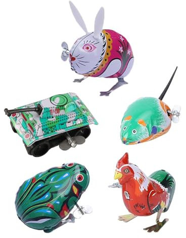 Ieron Aufziehbarer Blechfrosch, Vintage-Tier, Aufziehmaus, Metall, Springfrosch, Frühlingskaninchen, Hahn, Uhrwerk, Spielzeug, Party, Weihnachtsstrumpffüller, 5 Stück