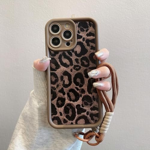 Leopard Cheetah Print Case for iPhone 16 Pro Max, Cheetah Print Case for Phone with Lanyard, Soft Silicone Slim TPU All-inclusive Lens Shockproof Cover for Girls Women (Brown Leopard)