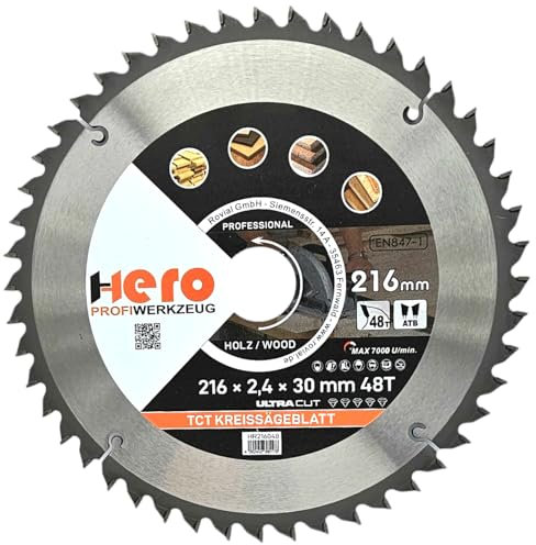 HERO Kreissägeblatt Hartmetall Sägeblatt TCT Ersatzsägeblatt Sägeblätter Kreissäge Holz/ALU Kreissägeblätter Tischkreissäge, Kappsäge (Für Holz/Holzwerkstoffe, Ø 216 x 30/20mm, 48T)