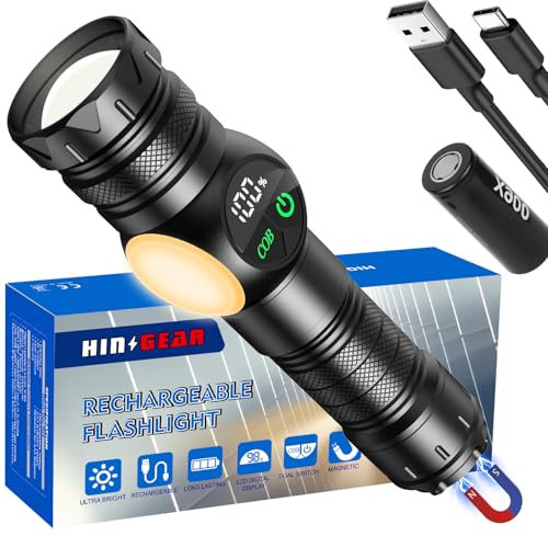 HinsGEAR Linternas LED superbrillantes con magnético, 500000 lúmenes, potente linterna recargable con pantalla digital LCD, linterna de alta potencia con 9 modos y zoom para camping, emergencia