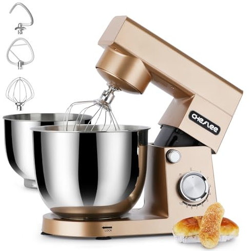 CHeflee Batidora Amasadora 1500 W Amasadora de Pan con Recipiente de Acero inoxidable de 4,5 y 5,5 L,10 Velocidades con Gancho Mezclador,Gancho Para Masa,batidor y Protector Contra Salpicaduras(Oro)