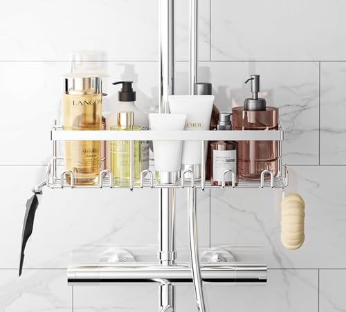 HouseUp Duschablage Ohne Bohren für Duschstange - Duschregal Aufbewahrungsregal Edelstahl Für Duschstange mit Durchmesser von 19mm - 25mm, Shampoo, Seifenhalter (Silber)