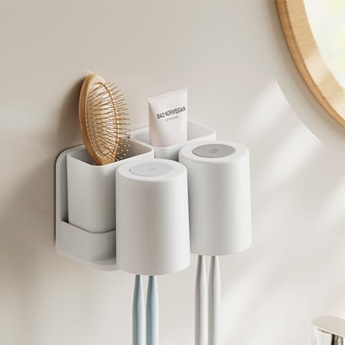 Porta Cepillo de Dientes, Soporte Cepillo de Dientes de Pared con 2 Tazas, Soporte Cepillo de Dientes Eléctrico, Multifuncionales Organizador Cepillos de Dientes para Baño