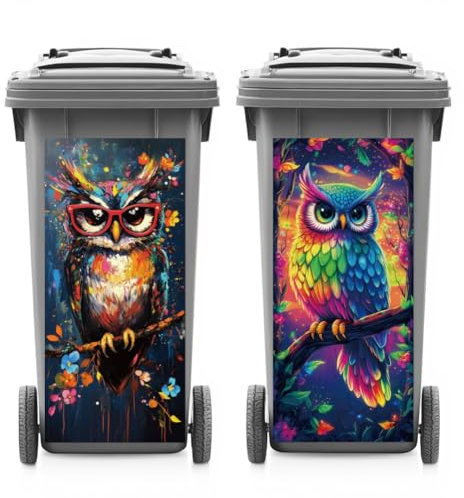 ANATTASOUL 2 Sheets Wheelie Bin Stickers Decorative Owl Flower Glasses Waterproof Dustbin Decor, 14.9x 32.2 Adhesive Large Decal for Bins, Fridge, Wall Outdoor, Indoor Decoration