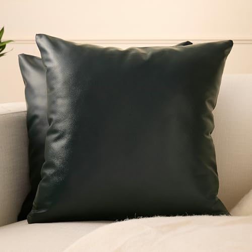 Encasa XO Kissenbezüge aus Kunstleder 40x40 cm, 2er-Set | Grün Dekorative Kissenhüllen | Moderne Landhausstil-Kissen für Outdoor, Wohnzimmer, Schlafzimmer, Couch & Sofa