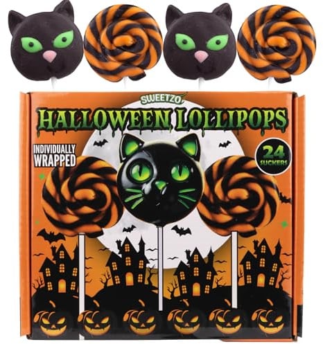 Einzeln verpackte Halloween-Lutscher, Süßigkeiten-Wirbel und Katzen-Saugnäpfe, Süßigkeiten- oder Leckerei-Bonbons, 24 Stück