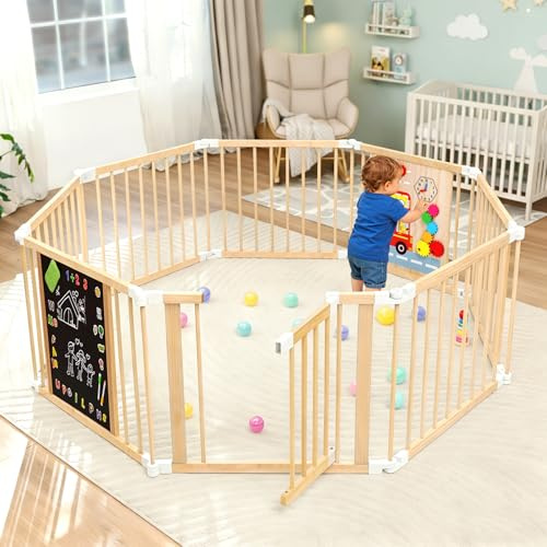 SOFTHOM Parque Infantil Bebe de Madera, Grande Corralito Bebe Plegable con Puerta, Ajustable Forma&Tamaño, Portátil, Pizarra, Montessori Tablero de Juego, Seguridad Centro de Actividades Ampliable