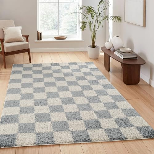 Chester Checkered Soft Shaggy Area Rug, Duck Egg Blue, 120x170cm