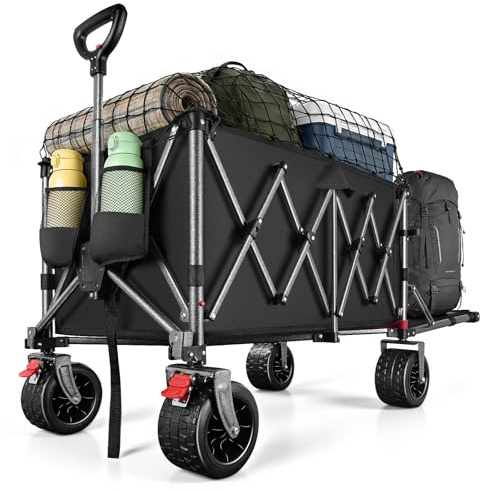 YEAUPE PRO Faltbarer Bollerwagen mit Feststellbremse – All-Terrain-Großräder, öffnendes Heck für Lange Gegenstände und Spanngurtnetz für Camping, Strand, Garten, Matt-schwarz, 200-300L