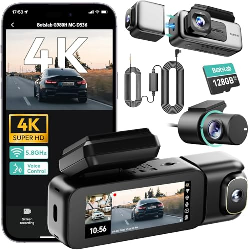 BOTSLAB 3 Channel 4K Dash Cam, Touch Screen, with Hardwire Kit, 128GB Card | Voice Control, Front & Rear & Inside Car Cameras, 3.18 inches, 5.8GHz WiFi, Built-in GPS, Loop Recording, 24/7 Parking Mode