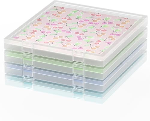 CraftGenes 12x12 Scrapbook Paper Storage Box, 4 Pack Stackable Craft Paper Organiser, A4 Document & Cardstock Storage Case with Secure Locking Lid, Clear Plastic File Storage for Home Office School