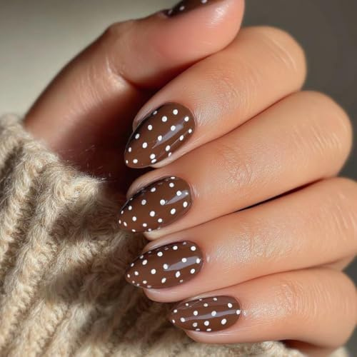 SXVME Polka Dot Press On Almond, Brown False Nails Short Stiletto, Fake Nails with Designs, Cute White Polka Dot Nails Press ons, Reusable Soft Gel Glue On Nails for Women, 30 Pcs