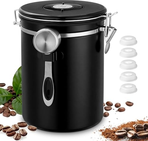 ITClosud Kaffeedose Edelstahl, 2,8 L Kaffeebohnen Behälter aus Edelstahl, Luftdicht Vorratsdose mit Deckel, EdelstahllöFfel, Zeiterfassungsaufbewahrung, für Kaffeebohnen, Kaffeepulver, Nüsse, Tee