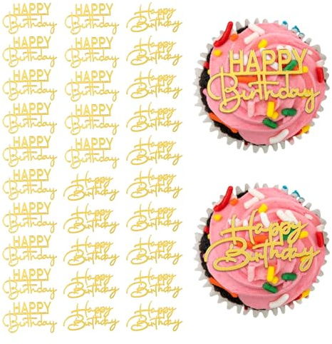 Ouligay 30 PCS Gold Mirror Acrylic Cupcake Toppers Gold Happy Birthday Cupcake Toppers Mirror Acrylic Happy Birthday Sign for Cakes Side Cake Decorations for Anniversary Theme Party Supplies