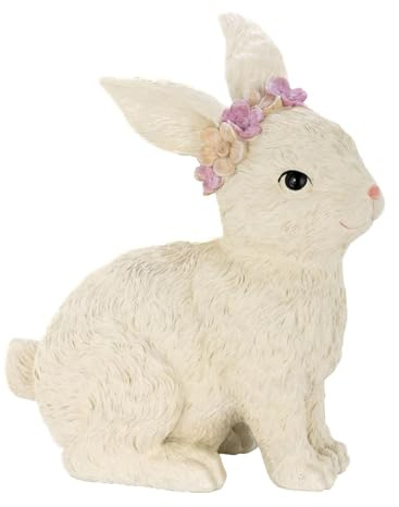 Große Osterhasen Figur 30 cm aus Kunststein in Beige mit Blumenkranz - sitzendes Deko-Häschen für Frühling, Eingangsbereich, Fensterbank, Wohnzimmer und saisonale Arrangements