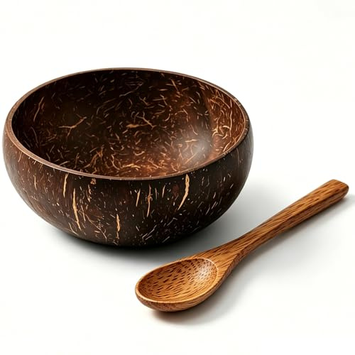 KFSCIP 2 Pcs Coconut Bowl Set with Wooden Spoon, Handcrafted Coconut Shell Bowls for Acai Bowls and Fruit Bowls, Natural Wooden Bowls for Outdoor Dining and Vegan Meals, Dimensions 14 X 6 Cm