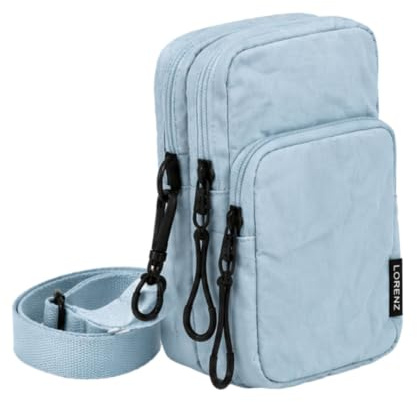 Lorenz Kleine Crossbody-Tasche für Damen, kompakte Reisetasche mit Doppelreißverschluss, leichte Nylon-Umhängetasche mit 3 Reißverschlussfächern, verstellbarem Riemen, 16 x 10 x 6 cm, eisblau, Small