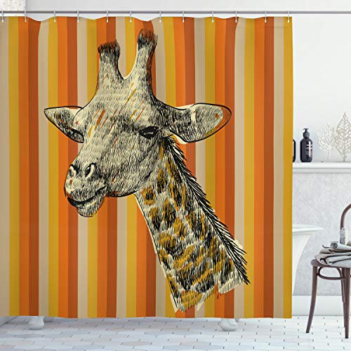 ABAKUHAUS Giraffe Duschvorhang, Hipster Tier, Stoffliches Gewebe Badezimmerdekorationsset mit Haken, 175 x 200 cm, Orange Senf