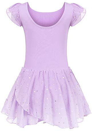 Kinder Ballettkleidung Ballettkleid Mädchen Kurzarm Baumwolle Balletttrikot Ballettanzug Tanzkleid Tanzbody mit Rock Tütü, Lila, 130 / 4-5 Jahre