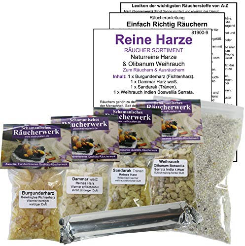 4 x Reine HARZE (200ml) 8-TLG RÄUCHERSORTIMENT (4 x ZUBEHÖR). WEIHRAUCH Olibanum SERRATA India + DAMMARHARZ + BURGUNDERHARZ + SANDARAK zum Räuchern & Ausräuchern. 81900-9