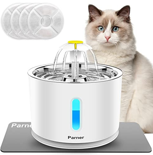 Fontaine à Eau pour Chat, Fontaine Chat 2.4L, Distributeur Eau pour Chat Chien avec 4 Filtre à Charbon Actif, 1Tapis de Silicone, Fontaine Silencieuse avec Plateau en Acier Inoxydable, Veilleuse à LED