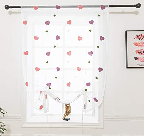 Lactraum Raffrollo Raffgardine Kinderzimmer Mädchen Rosa Bestickt Herz romatisch Voile 80 x 145 cm (B x H)