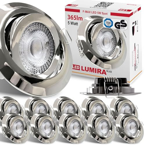 max K O M F O R T - 12x LED Einbaustrahler Ultraflach 5 Watt Chrom schwenkbar 230V Rund warmweiß Deckenstrahler Spot Deckenspot Lumira