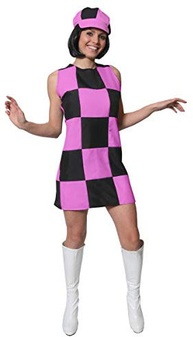 Damen 60er Jahre Gogo Shift-Kleid Kostüm 1960er Jahre Party Mädchen Mod Kariertes Kleid Schwarz & Pink (UK 12-14)