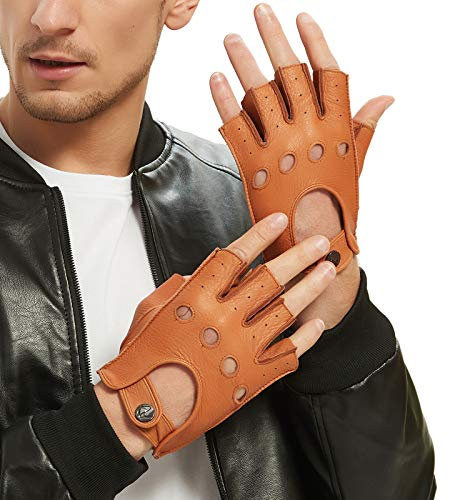 NOVBJECT Herren Fingerlose Lederhandschuhe Hirschleder Halber Finger Ungefüttert Motorrad Outdoor Autohandschuhe (Sand,L)