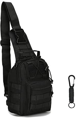 Tactical Sling Bag + Outdoor Hook, Shoulder Bagback for Men & Women, Tactical Molle Chest Bag, Laptop Daypack, Military Pouch, Black