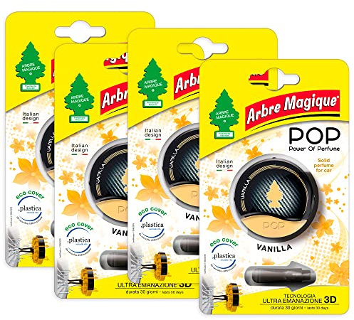 Arbre Magique POP, Parfum solide pour voiture, Parfum de Vanille, Parfum doux et délicat, Durée de vie jusqu'à 30 jours, Design Italien, Pack de 4
