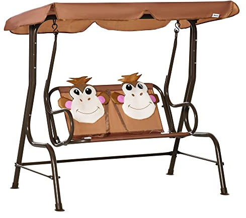 Outsunny 2 Seater Kids Garden Swing Seat, Children Outdoor Patio Lounge Chair for Gardens w/Adjustable Awning, Seatbelt, Monkey Pattern - Brown