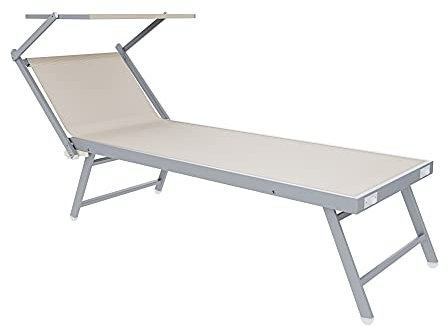Lettino Pieghevole Prendisole In Alluminio E Tessuto Textilene Professionale Tettuccio Orientabile 182 x 60 x 38 cm Tettino Parasole Sdraio Prendi Sole Mare Spiaggia Piscina Giardino (Beige)