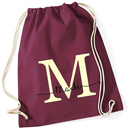 Personalisierter Turnbeutel mit Buchstabe und Name | Motiv Monogramm Initiale | Bedruckter Stoffbeutel Kordel-Rucksack zum Zuziehen | Geschenk-Idee Schulanfänger Geburtstag (burgund)
