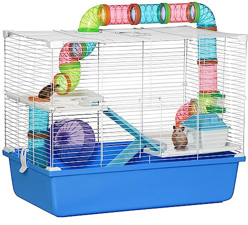 PawHut Hamster Cage, Gerbil Cage 3 Tier for Dwarf Hamster with Tube, Exercise Wheel, Water Bottle, Food Dish 59 x 36 x 47 cm- Blue