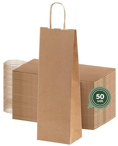 MAXI PRODUCTS - 50 Bolsas Papel Kraft con Asa Rizada - 14,8 x 8 x 39,3 cm - Bolsas Regalo - Bolsitas Regalo Personalizables - Eventos y Hotelería - Comunión, Cumpleaños, Bodas - PERSONALIZABLES
