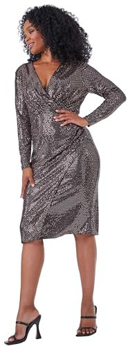 Roman Petite Sparkle Embellished Wrap Dress for Women UK - Ladies Autumn Everyday Winter Holiday V-Neckline Comfy Long Sleeve Soft Frock Stretch Jersey Gowns Ruched - Rose - Size 16