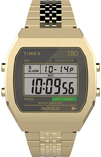 Timex T80 Unisex-Armbanduhr, 36 mm, goldfarbenes Edelstahlarmband, digitales Zifferblatt, goldfarbenes Gehäuse TW2V74300
