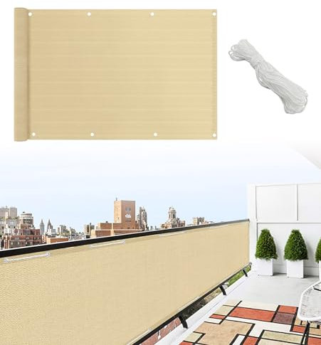 IlGruppone Telo Copribalcone Tinta Unita 90 x 500 Cm HDPE UV Frangivento con Occhielli e 24 Metri Corda Schermo Privacy Terrazzo Frangivista Recinzione Copri Ringhiera Balconi Antipioggia - Panna