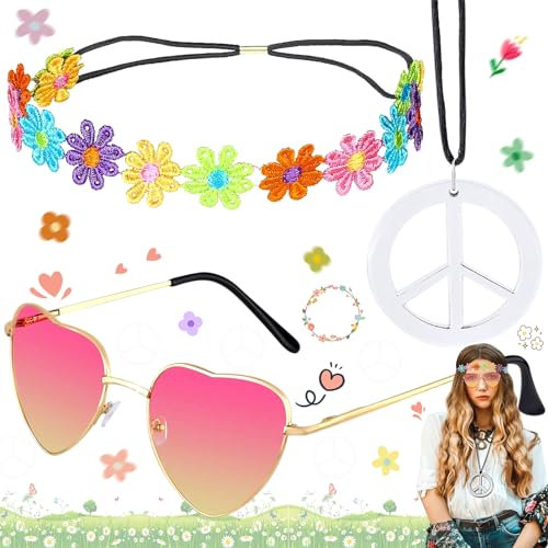 WiDream Hippie Kostüm, Hippie Kostüm Damen, Hippie Accessoires, Hippie Haarband, Vintage Hippie Brille Im Stil 60er 70er Jahre, Boho Stirnband Blume Stirnband Friedenszeichen Halskette