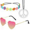 WiDream Hippie Kostüm, Hippie Kostüm Damen, Hippie Accessoires, Hippie Haarband, Vintage Hippie Brille Im Stil 60er 70er Jahre, Boho Stirnband Blume Stirnband Friedenszeichen Halskette